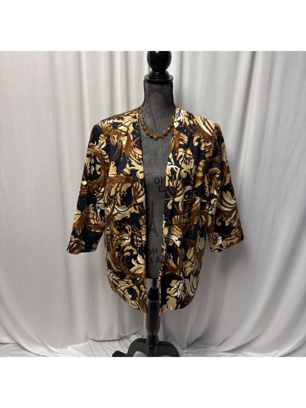 Alfred Dunner Womens Open-Front Blazer Size 16W Brown Blue Floral Sequin Jacket